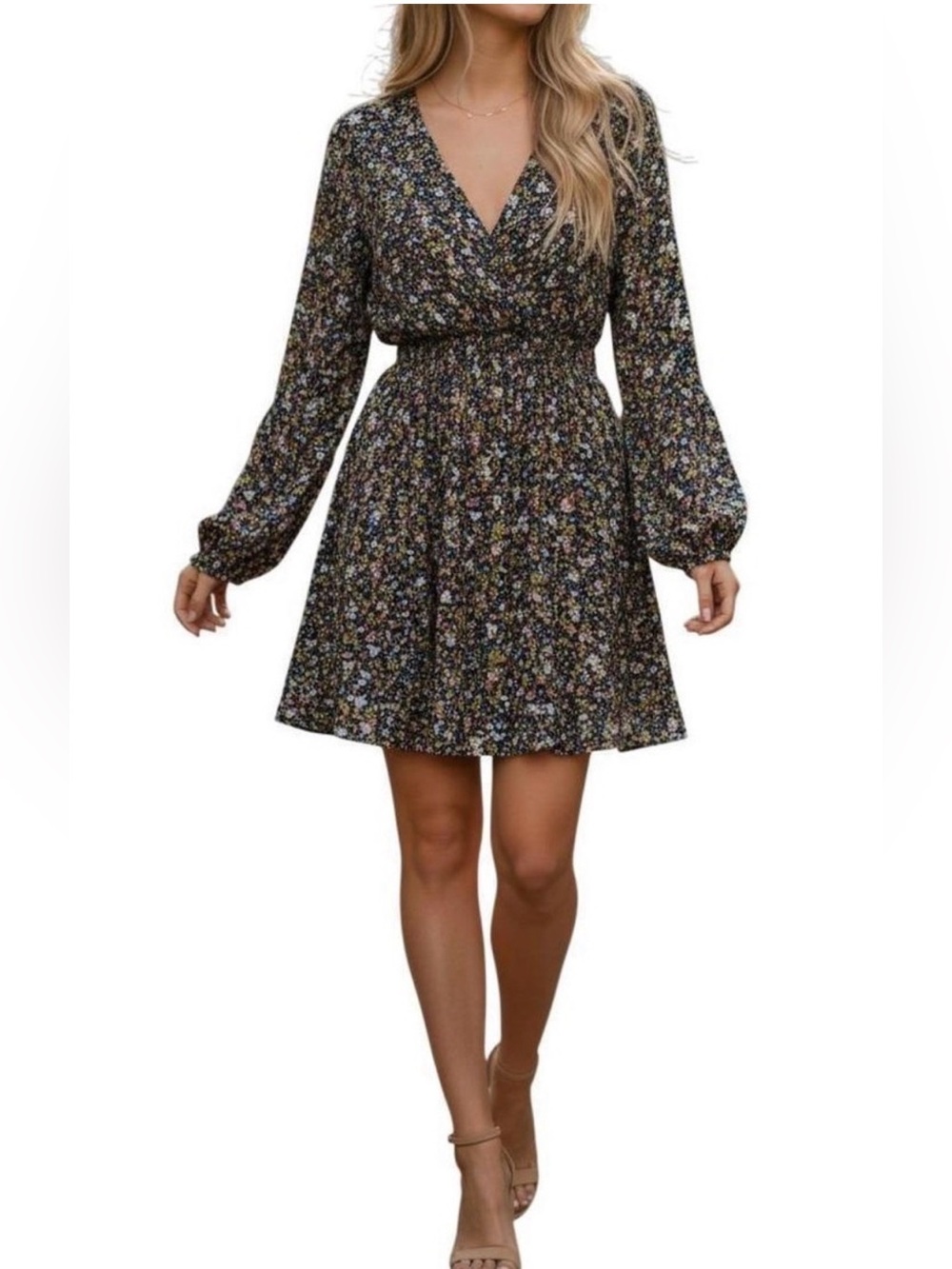 NWOT Rails Delaney Long Sleeved Dress in Dark Ditsy Floral, cinched waist, Sz SM